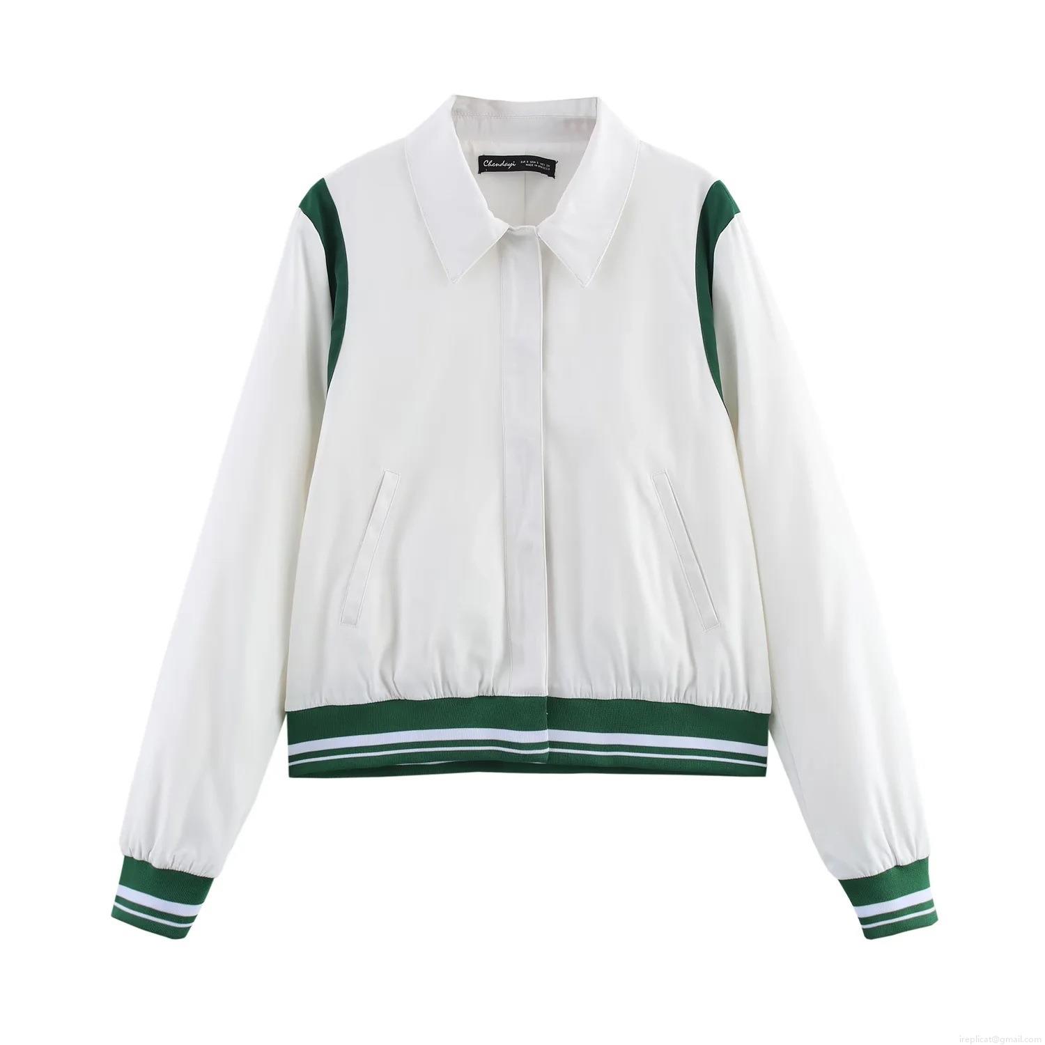 Women's Contrast Color Ribbed Baseball Jacket Regenerated Cellulose Fiber Loose Fit Zip Up Long Sleeve Outerwear Preppy Style Casual Bomber Jacket