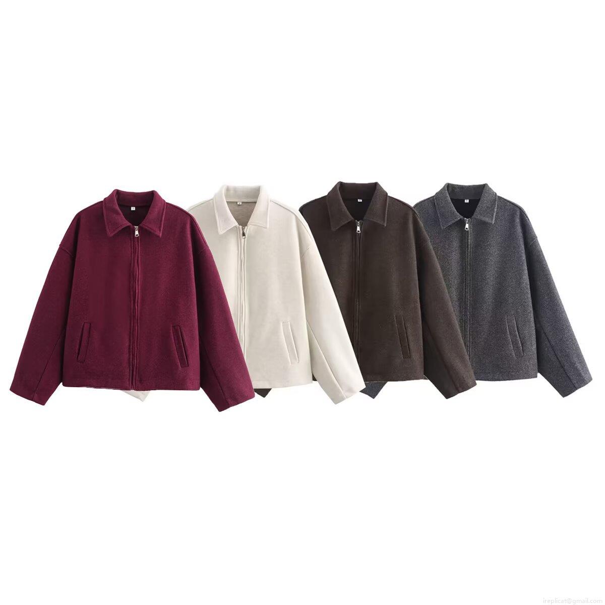 Women's Fashion Woolen Texture Jacket Lapel Zipper Short Coat Solid Color Casual Streetwear Outerwear For Autumn Winter Ladies Versatile Warm Jacket