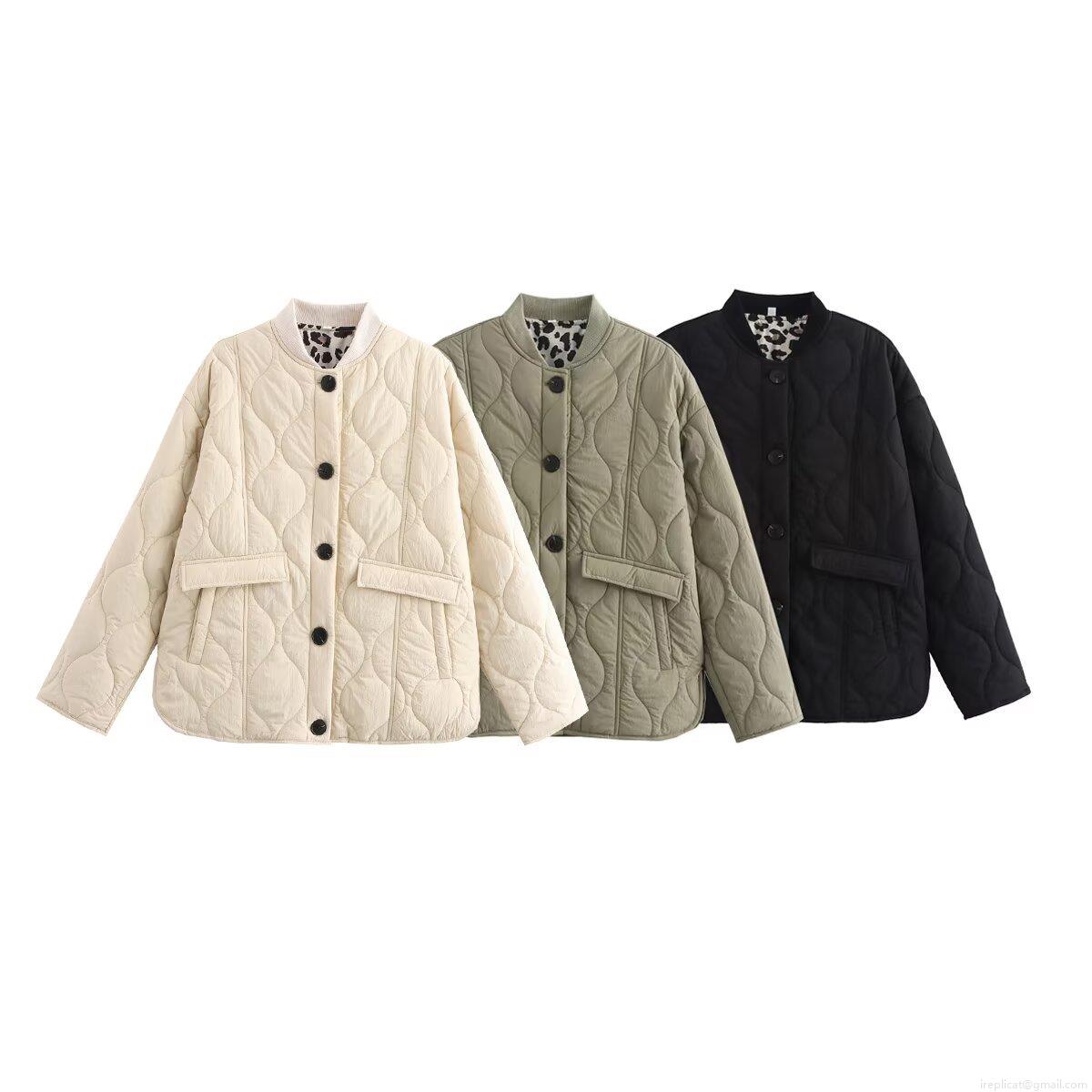 Women Quilted Jacket Leopard Lining Wave Pattern Ribbed Collar Button Down Padded Coat Vintage Loose Casual Outerwear For Autumn Winter