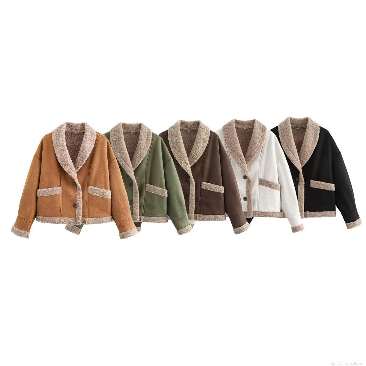 Women's Faux Suede Lamb Wool Jacket Contrast Trim Lapel Button Down Short Coat Warm Winter Outerwear Casual Vintage Style