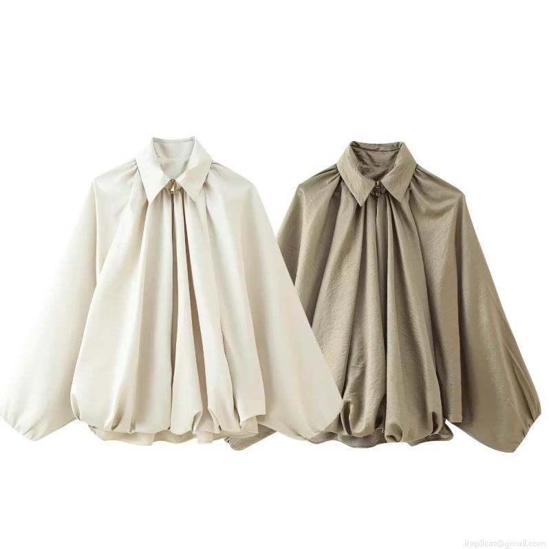 Women's Oversized Satin Bomber Jacket Stand Collar Zipper Pleated Lantern Sleeve Short Coat Luxury Silky Loose Outerwear For Autumn Winter Ladies