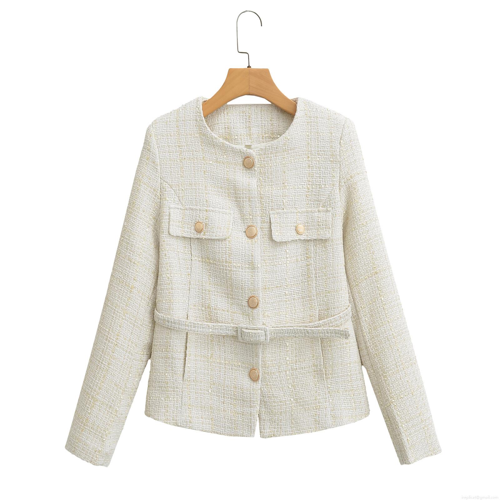 French Style Women's Tweed Jacket Elegant Belted Single Breasted Round Neck Outerwear With Gold Silk Thread For Autumn Spring Lady Fashion