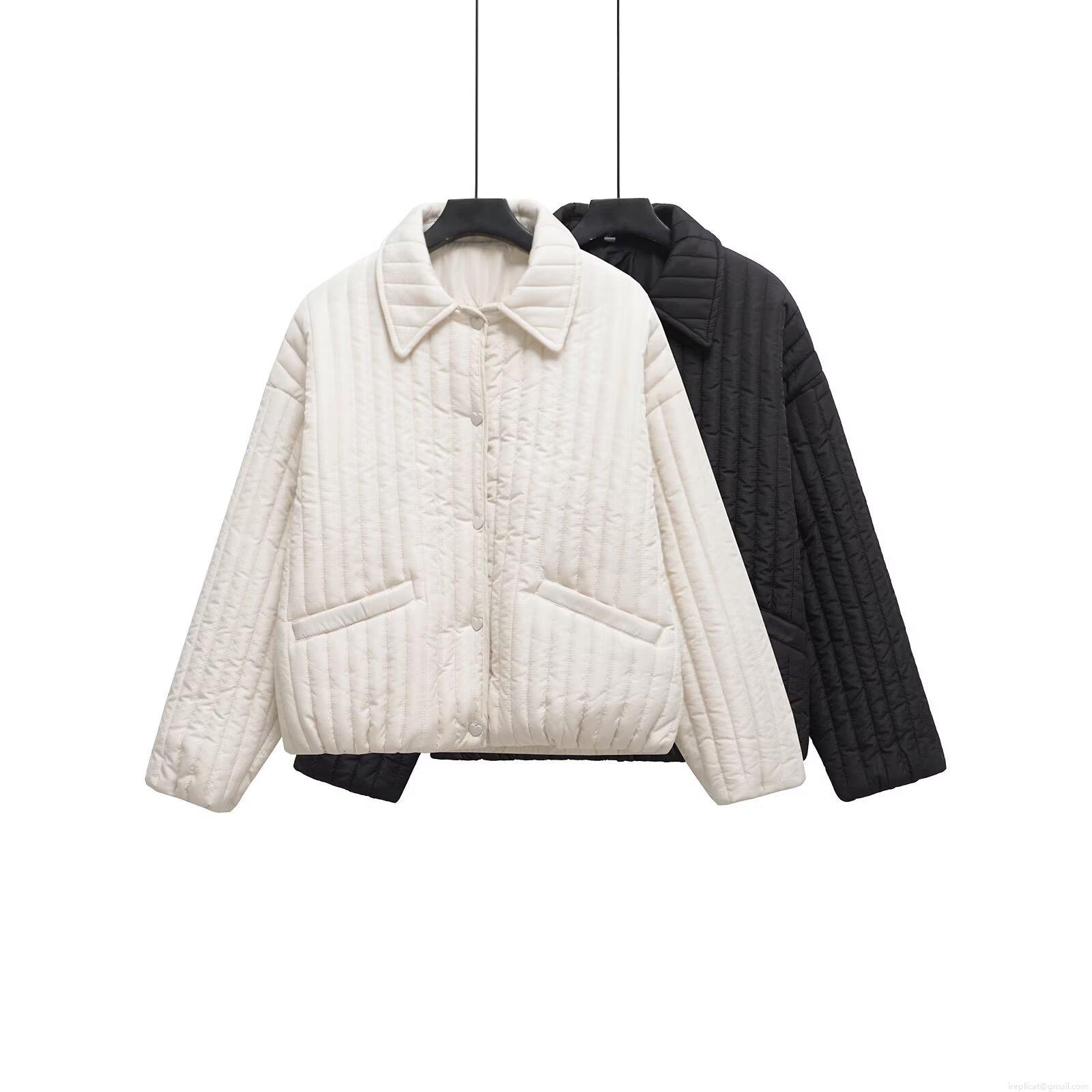 Women's Retro Vertical Quilted Jacket Turn Down Collar Cotton Padded Coat With Heart Shaped Metal Buttons Casual Loose Long Sleeve Warm Outerwear For Autumn Winter