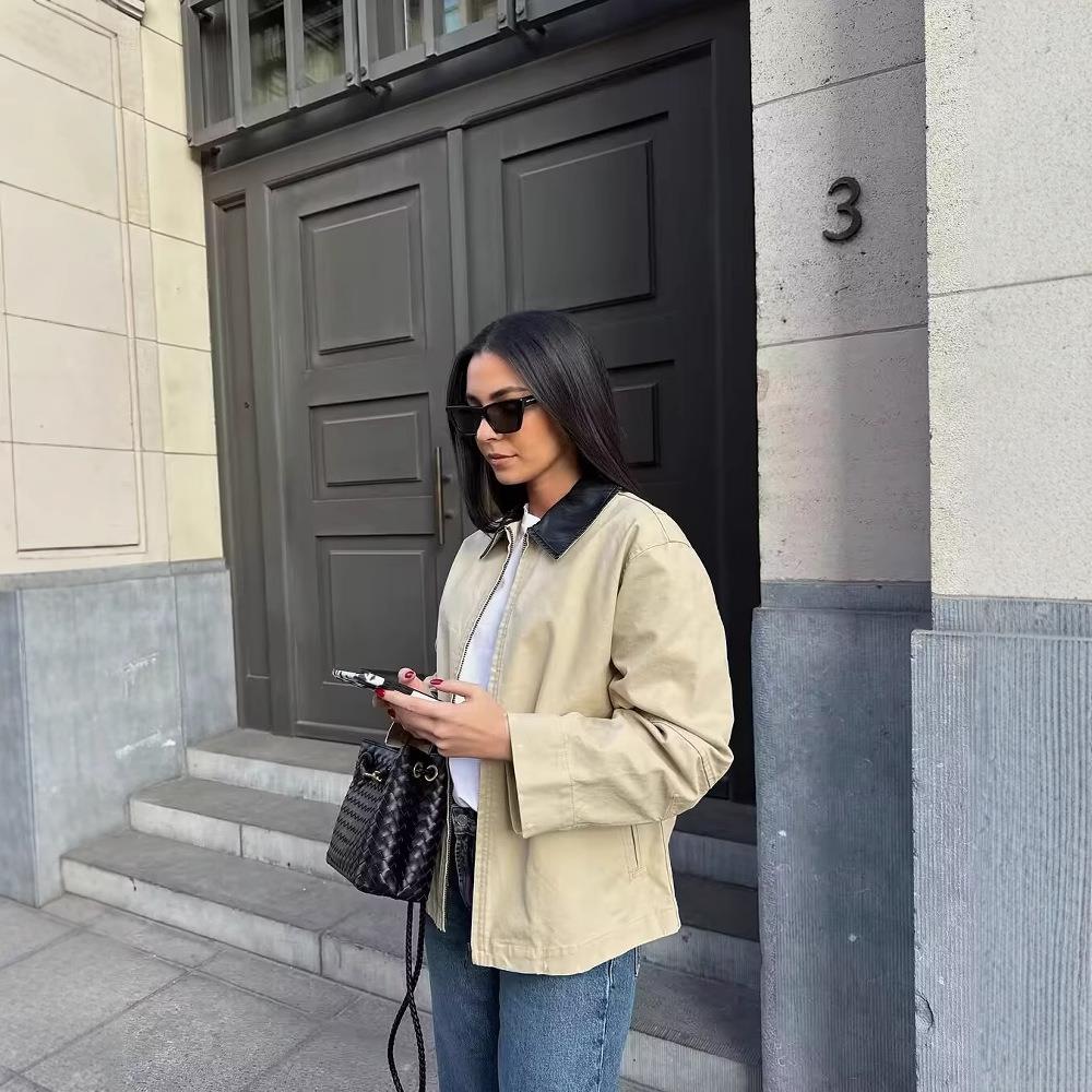 Women's Fashion Contrast PU Leather Lapel Collar Casual Jacket Long Sleeve Zipper Up Outerwear Solid Color Streetwear Spring Autumn Coat