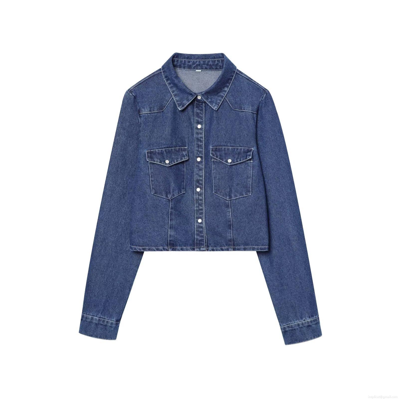 Women's Short Denim Jacket Casual Cotton Blue Jean Coat With Pockets And Pearl Buttons Long Sleeve Lapel Outwear For Women Fashion Streetwear