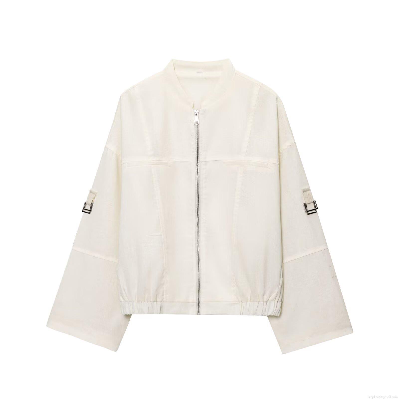 Women's Short Utility Jacket Zip Up Stand Collar Long Sleeve Outwear Loose Fit Rice White Imitation Wool Fabric Casual Jacket For Autumn Winter Ladies