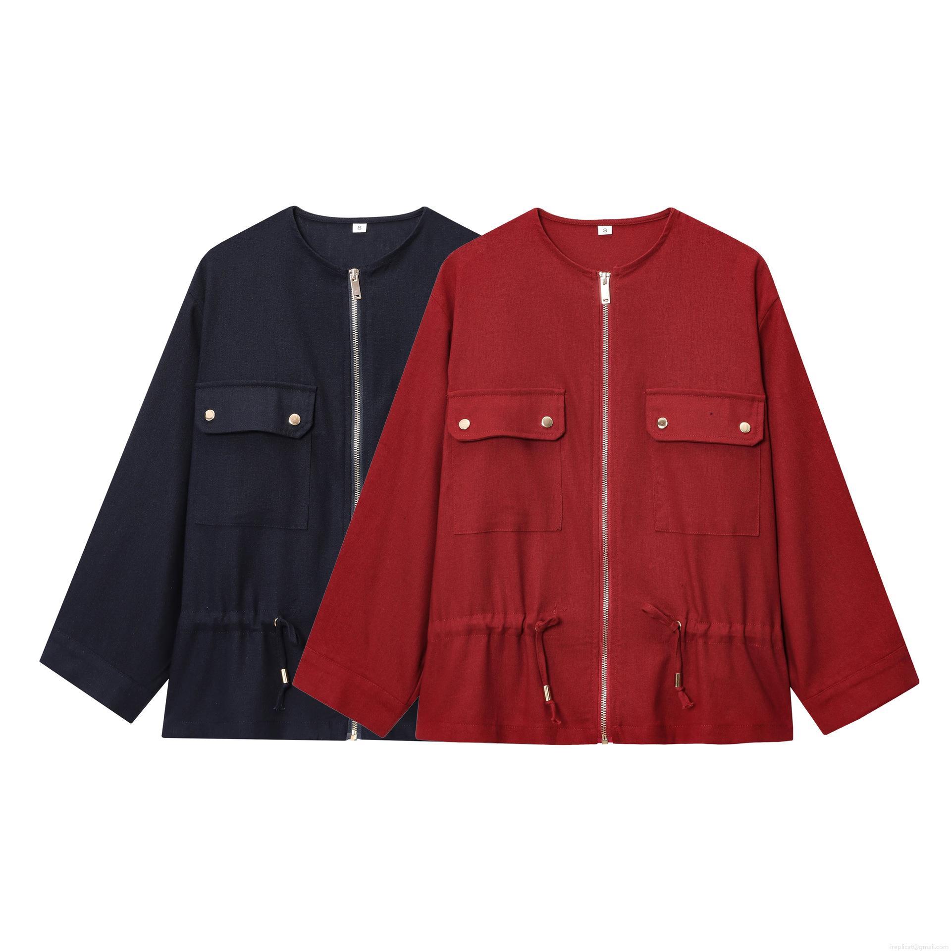 Women's Linen Blend Utility Jacket Round Neck Drawstring Waist Zipper Closure Casual Retro Academy Style Outerwear Coat With Metal Buttons For Daily Commute