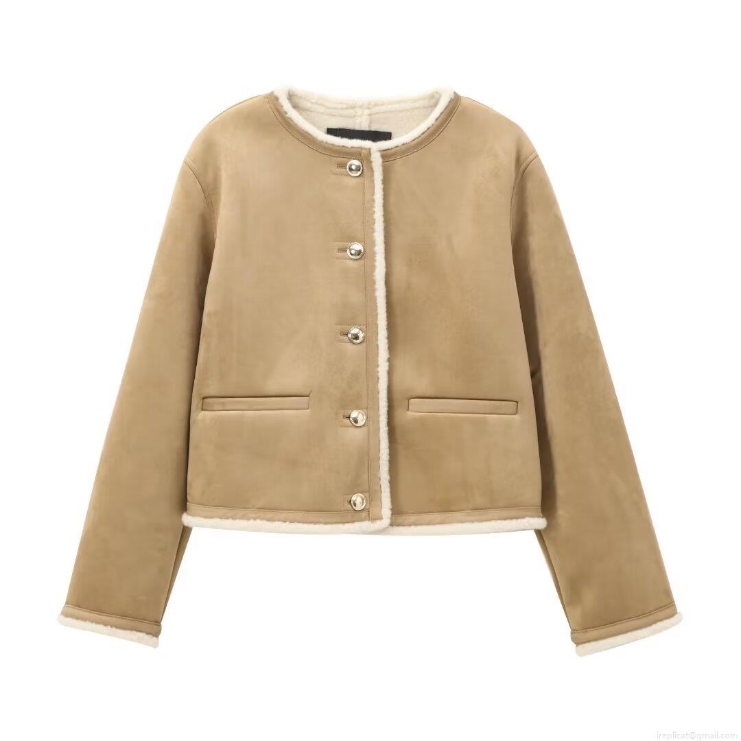 Women's Faux Suede Sherpa Lined Jacket Winter Warm Fleece Shearling Coat With Golden Buttons Khaki Casual Cropped Outwear For Ladies Fashion