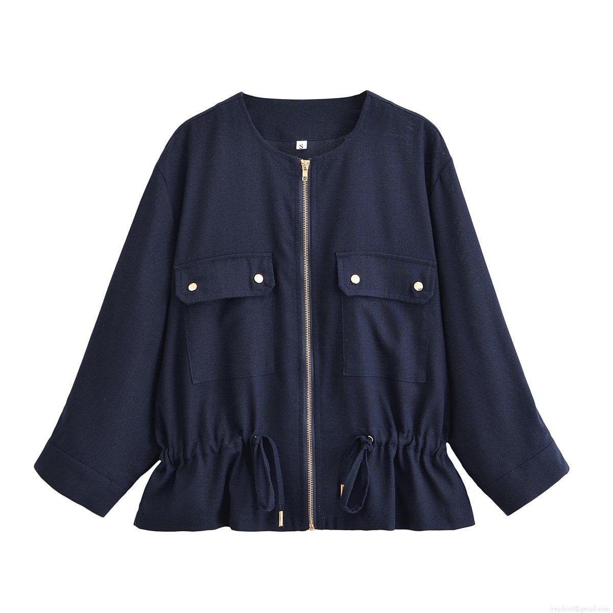 Women's Navy Blue Polyester Safari Jacket Casual Drawstring Waist Coat With Gold Buttons Round Neck Long Sleeve Lightweight Outerwear For Ladies