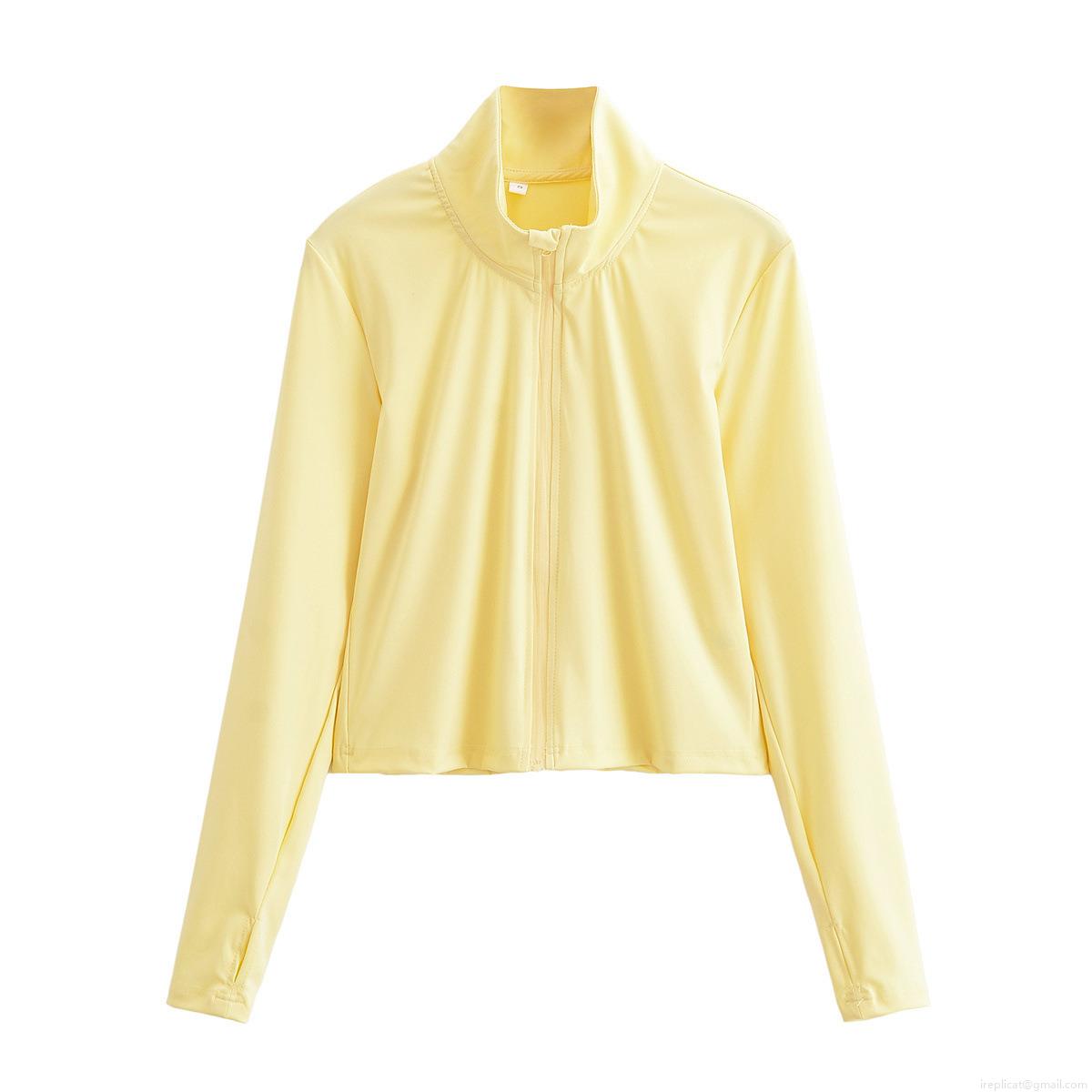 Women's Slim Fit 100% Polyester Sports Jacket Stand Collar Zipper Front Long Sleeve Running Yoga Coat With Thumbholes Solid Color Minimalist Activewear