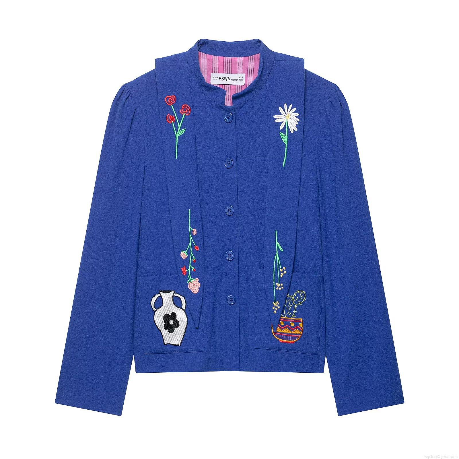 Women's Embroidered Jacket 100% Polyester Long Sleeve Button Down Turn-down Collar Short Casual Coat Blue Floral Cactus Strawberry Embroidery For Daily Autumn Outwear