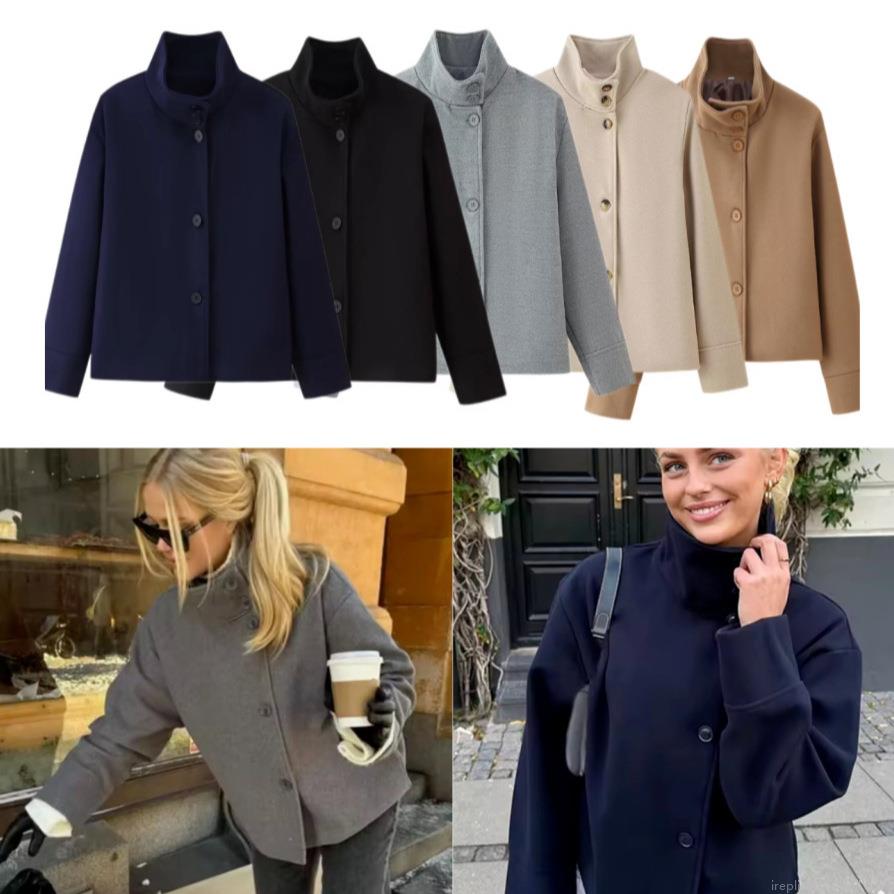 Women's Fashion Short Woolen Texture Jacket Elegant Stand Collar Single Breasted Outwear Casual Solid Color Long Sleeve Coat for Autumn Winter