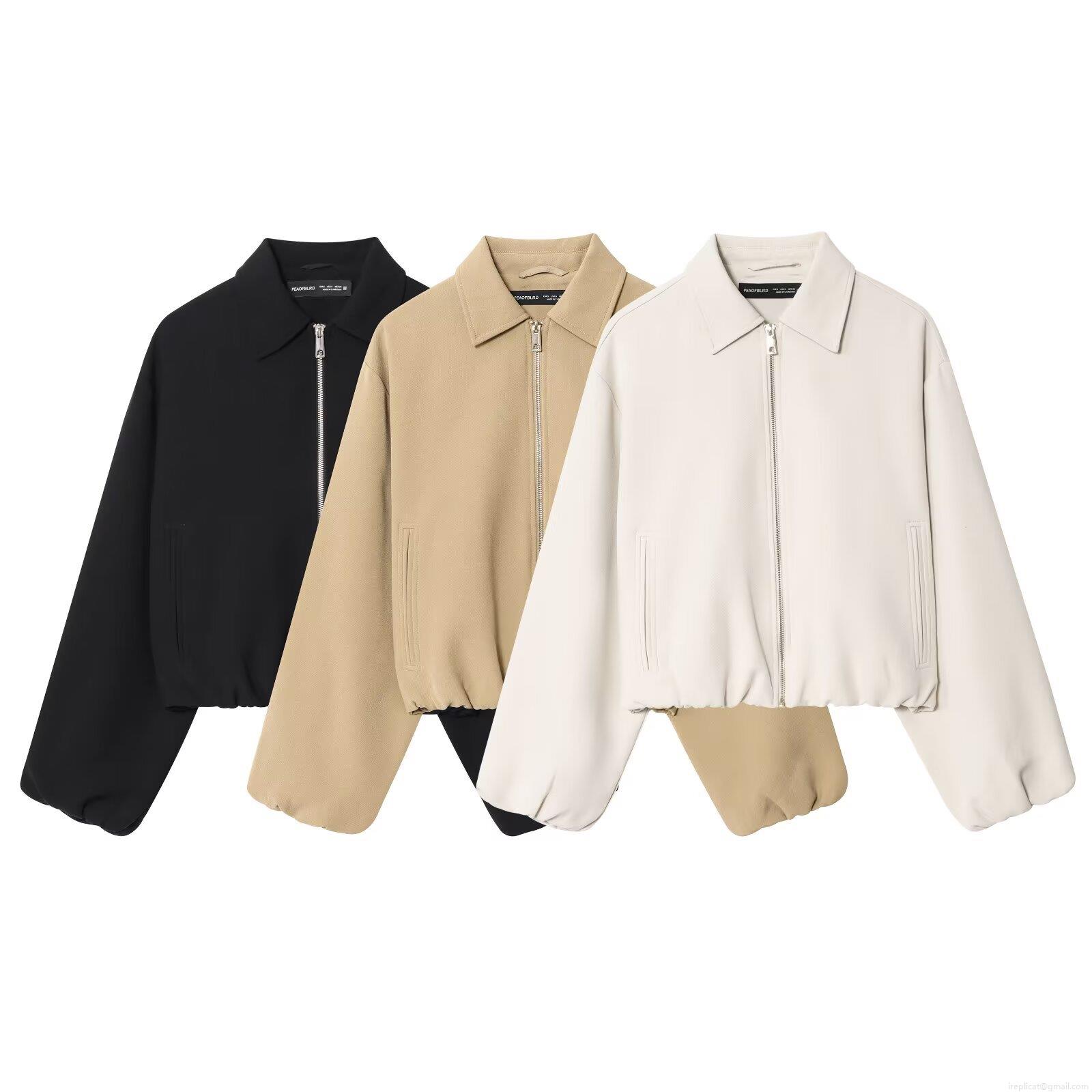 Women's Casual Polyester Zipper Jacket Fashionable Lapel Short Coat With Lantern Sleeves And Elastic Hem For Daily Streetwear