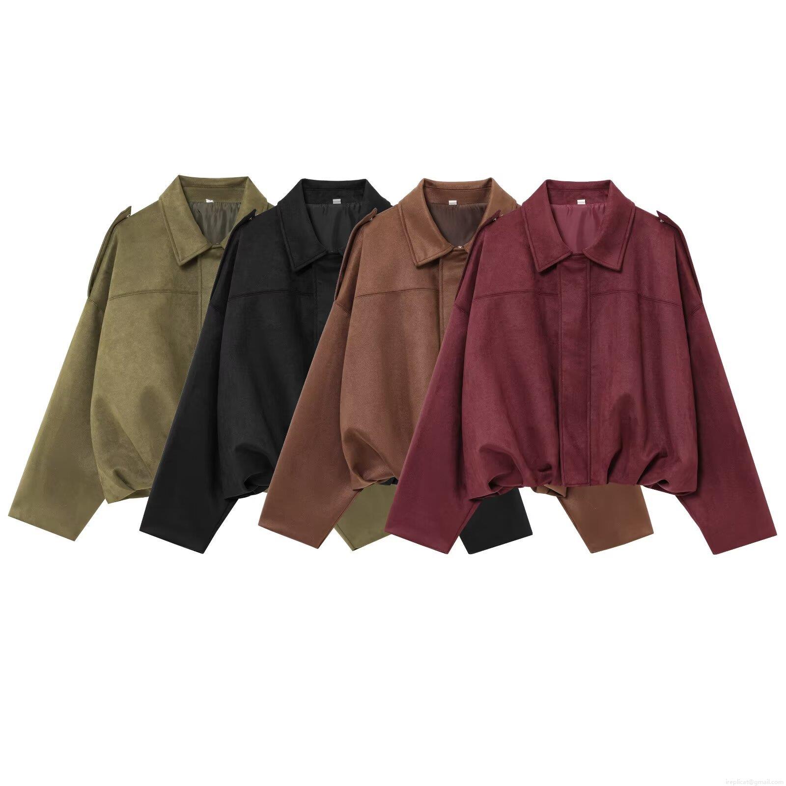 Women's Faux Suede Pilot Jacket Retro Utility Bomber Coat Cropped Outerwear With Turn Down Collar Shoulder Epaulets Zipper Casual Fall Winter Long Sleeve Jacket For Women