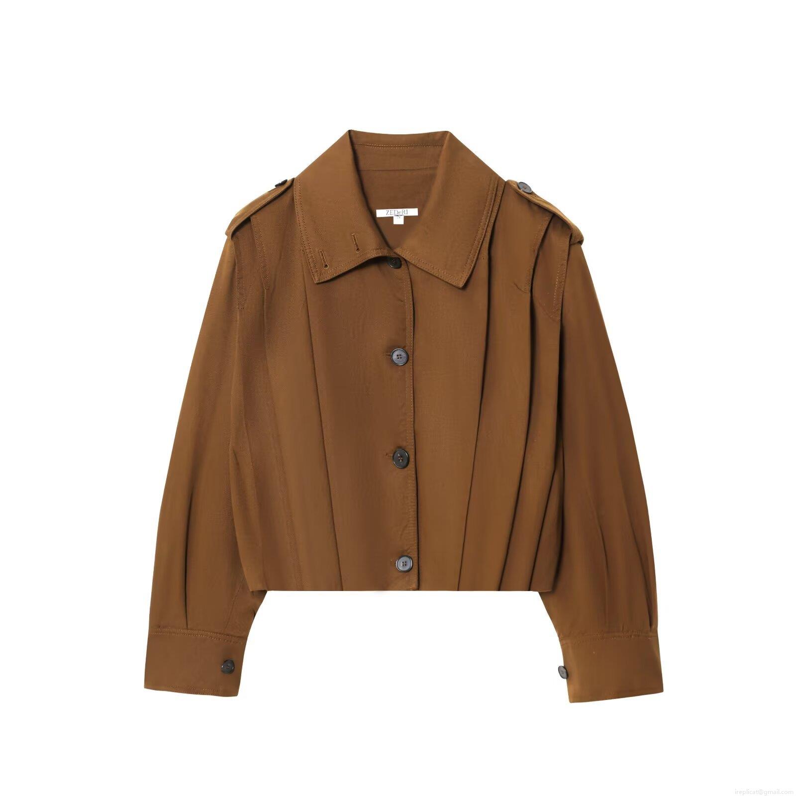 Women's Fashion Casual Lapel Crop Jacket Solid Color Long Sleeve Pleated Shirt Jacket With Shoulder Straps Single Breasted Elegant Outerwear For Spring Autumn