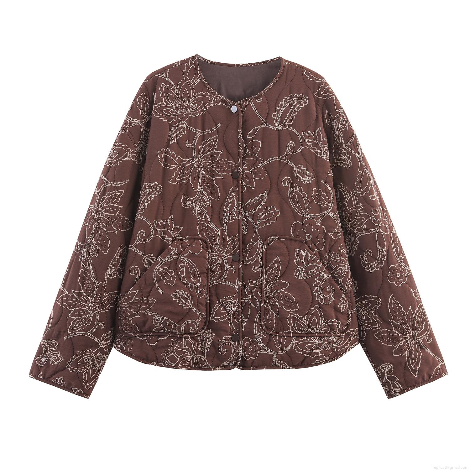 Women's Quilted Floral Embroidered Jacket Round Neck Single Breasted Short Coat Casual Elegant Outerwear Long Sleeve Button Down Brown Fashion Clothing