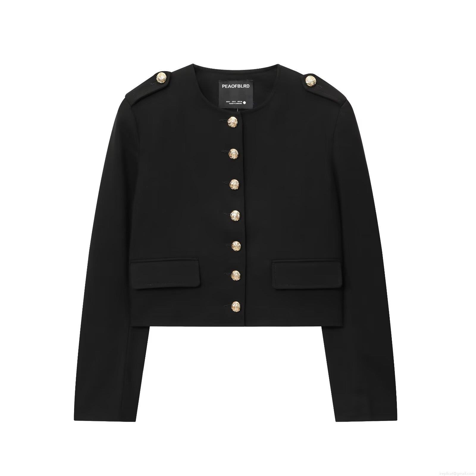Women Elegant Chanel Style Short Jacket With Gold Lion Head Buttons Round Neck Long Sleeve Black Tailored Coat For Daily Office Party