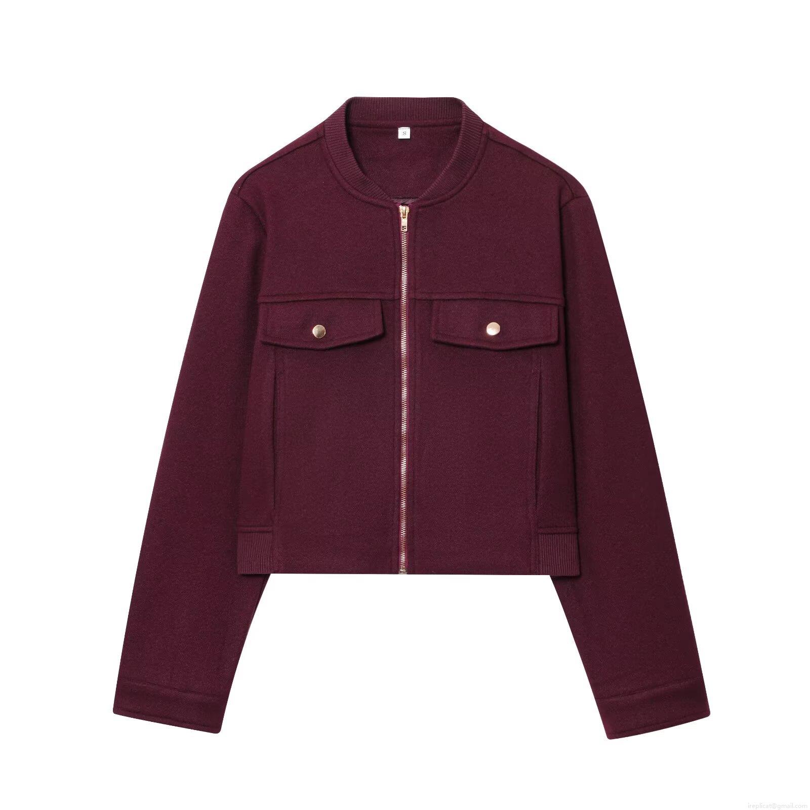 Women's Fashion Burgundy Short Woolen Jacket Zip Up Casual Bomber Outwear With Flap Pockets Elegant Stand Collar Long Sleeve Coat For Daily Commute Ladies