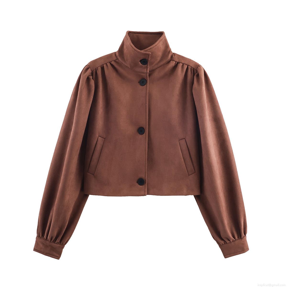 Women's Vintage Faux Suede Short Jacket Puff Sleeve Single Breasted High Collar Solid Color Fashion Casual Outerwear Coat For Autumn Winter Women