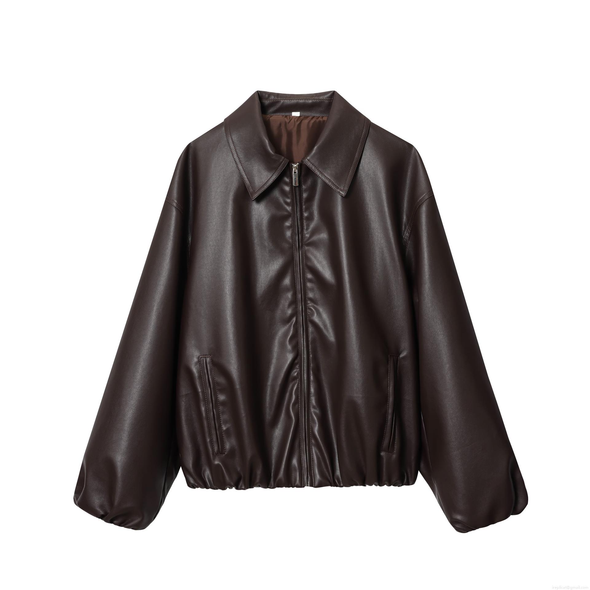 Women's Dark Brown Faux Leather Bomber Jacket Chic Motorcycle Pilot PU Leather Outwear With Satin Lining Zip Up Short Coat For Women Streetwear