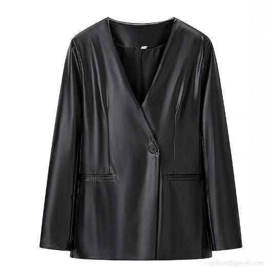 Women Vintage PU Leather Blazer Jacket V-Neck Single Breasted Long Sleeve Faux Leather Outwear Distressed Solid Color Coat With Polyester Lining For Women Streetwear Office