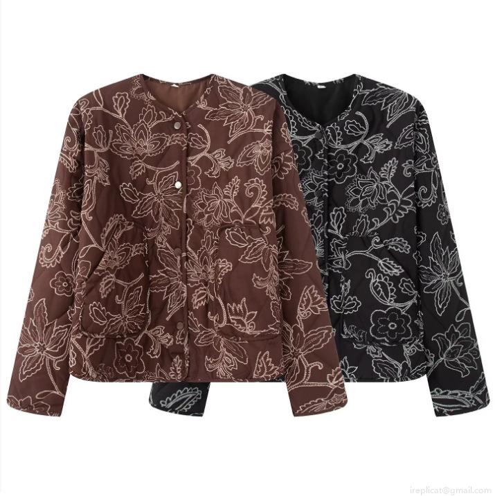 Women's Quilted Jacket Floral Embroidery Round Neck Long Sleeve Single Breasted Coat Loose Fit Casual Outerwear For Women Spring Autumn Streetwear