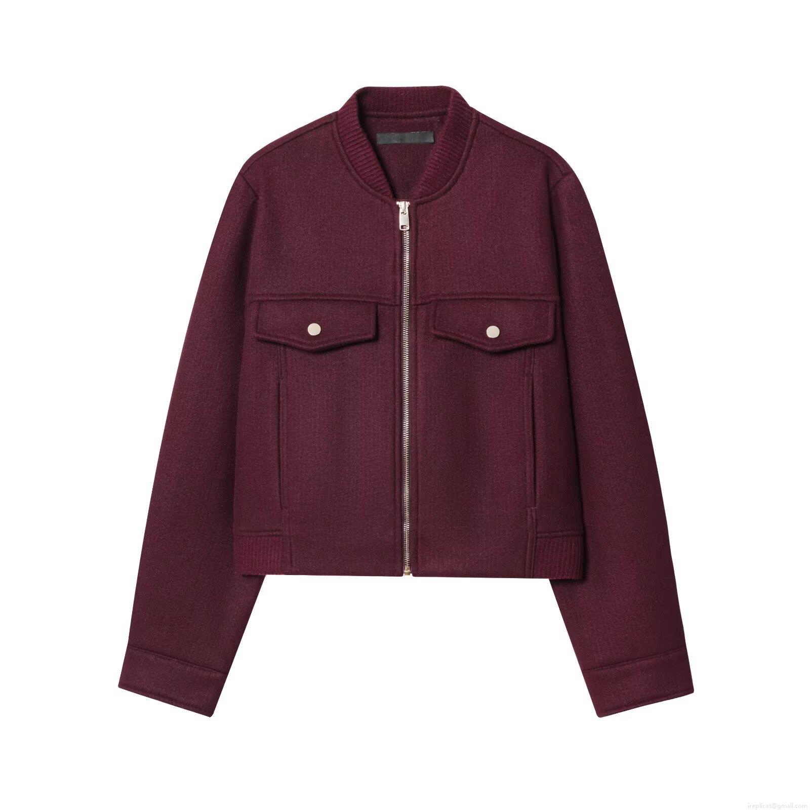 Women Fashion Short Bomber Jacket Wine Red Polyester Wool-like Texture Long Sleeve Zipper Coat With Chest Pockets Casual Slim Outerwear For Women