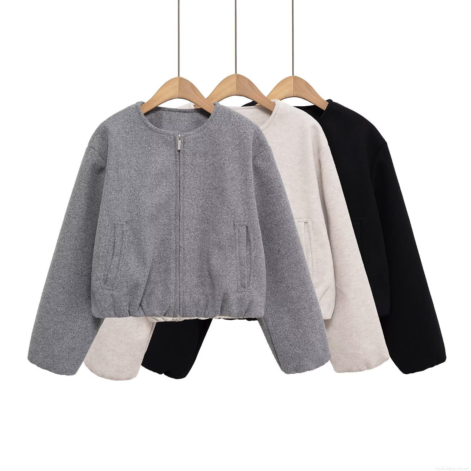 Women's Casual Short Zipper Jacket Solid Color Wool-like Polyester Round Neck Coat With Pockets For Spring Autumn Office Elegant Streetwear