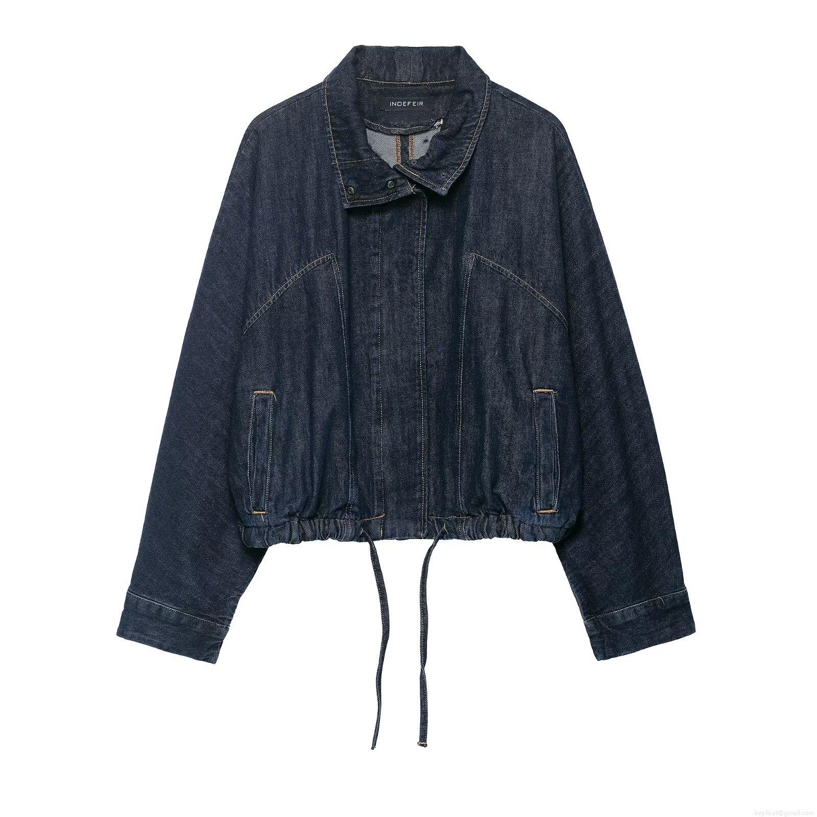 Women's Oversized Denim Jacket Dark Blue Heavy Cotton Blend Cropped Coat Drawstring Hem Streetwear Casual Long Sleeve Zipper Outerwear