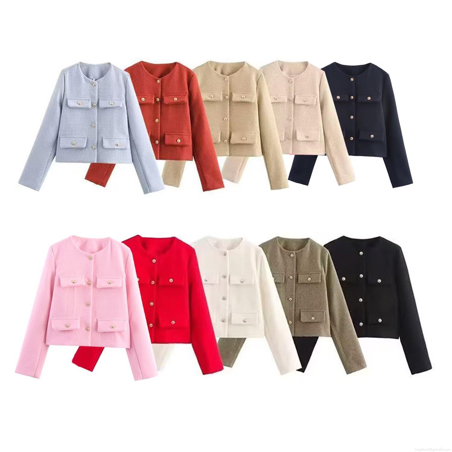 Women's Vintage Tweed Jacket Elegant Short Round Neck Coat With Gold Buttons Four Pockets Solid Color Long Sleeve Outerwear For Office Party