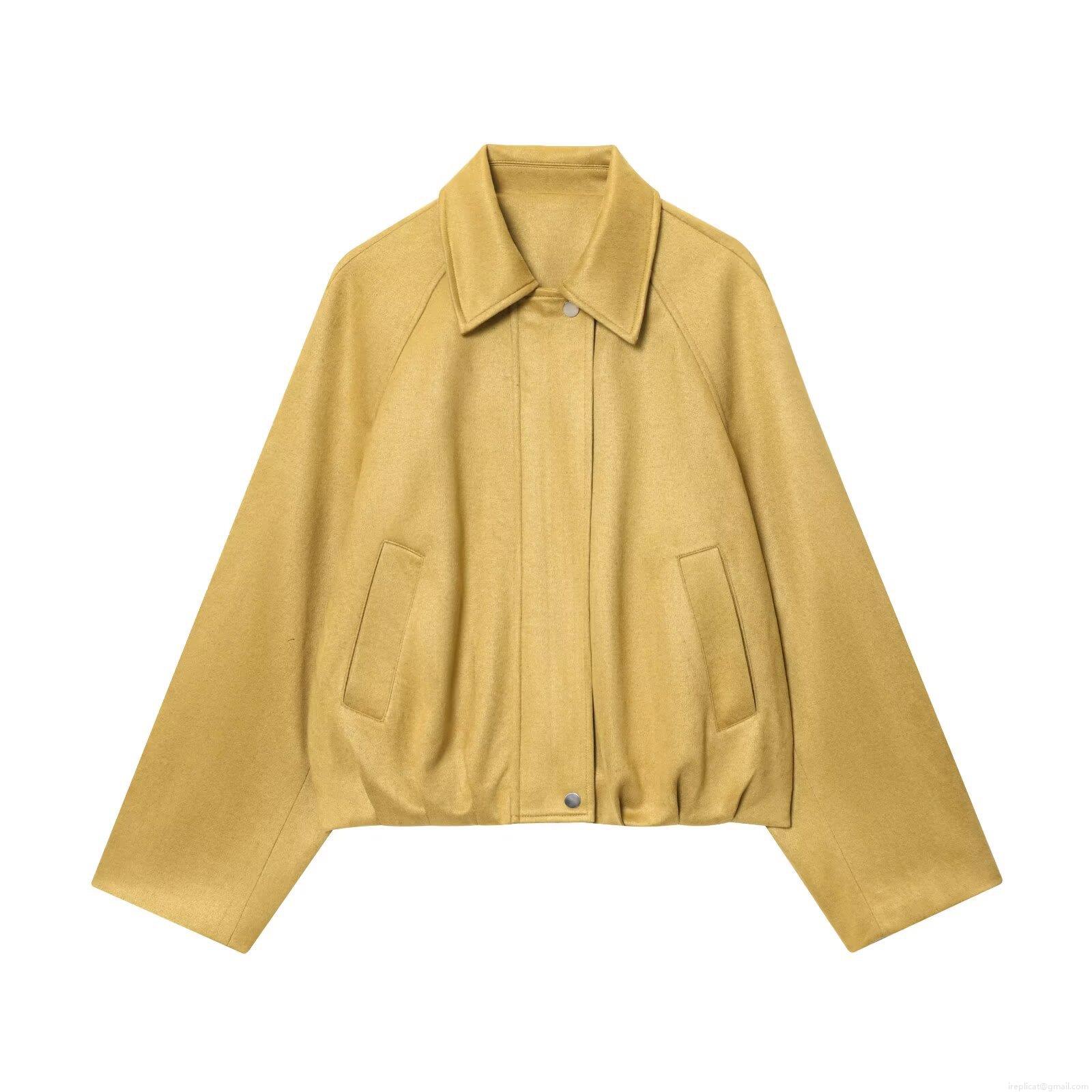 Women Fashion Faux Suede Bomber Jacket Solid Color Lapel Collar Long Sleeve Short Coat Streetwear Casual Outwear With Pockets Zipper Closure