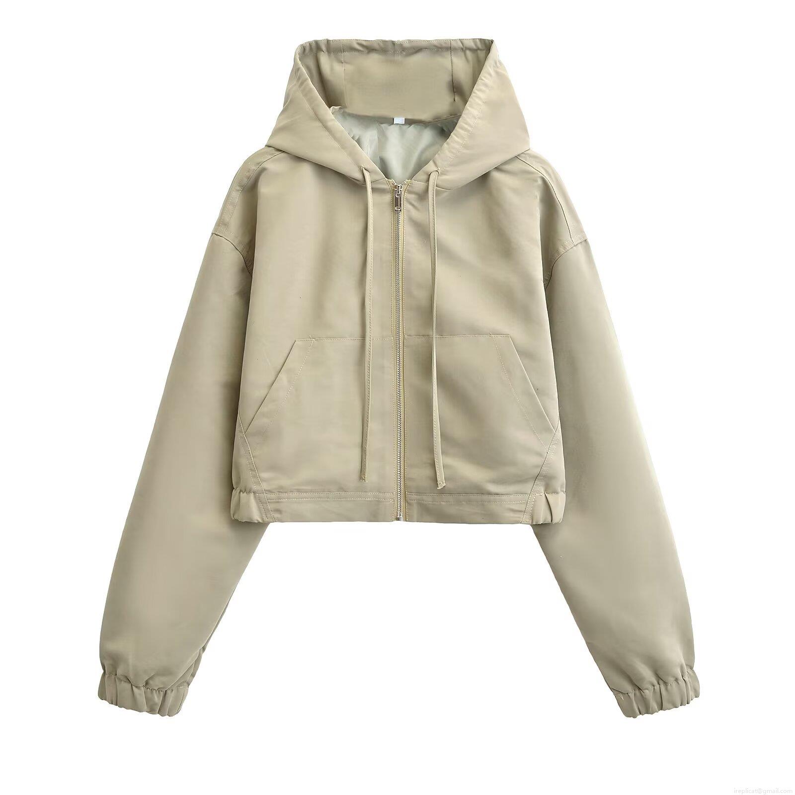 Women's Casual Cropped Hooded Jacket Loose Drawstring Solid Color Fashion Zip Up Windbreaker Coat Outerwear for Streetwear Daily Wear