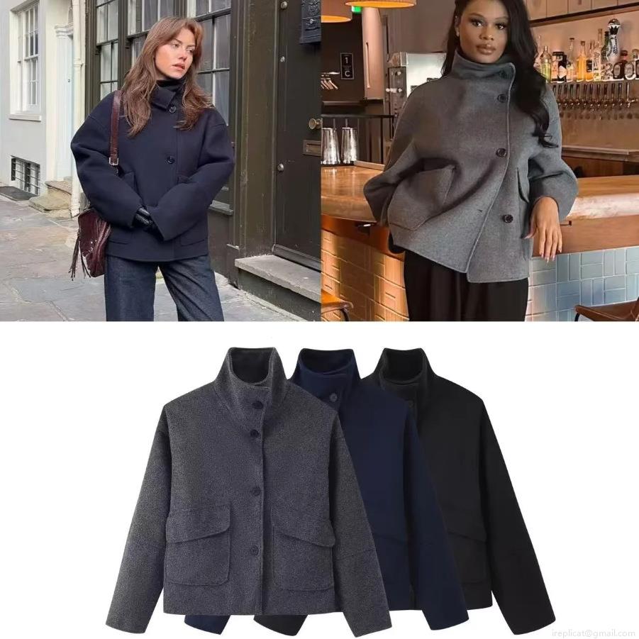 Women's Half Turtleneck Single Breasted Faux Woolen Coat Oversized Long Sleeve Winter Warm Jacket With Pockets Casual Outwear