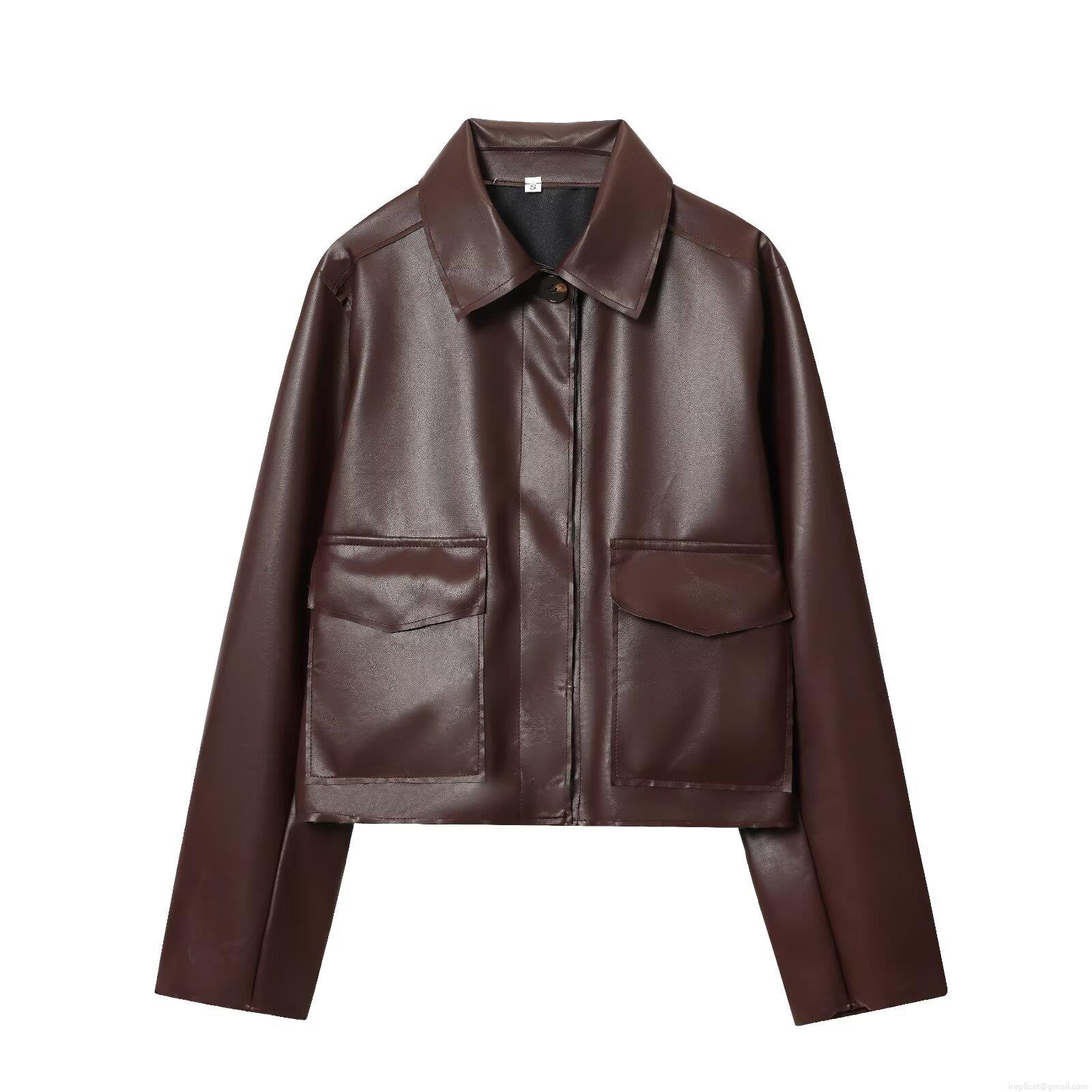Women's Short Faux Leather Jacket PU Leather Outerwear With Pockets Casual Zip Up Streetwear Coat For Women Spring Autumn Dark Brown