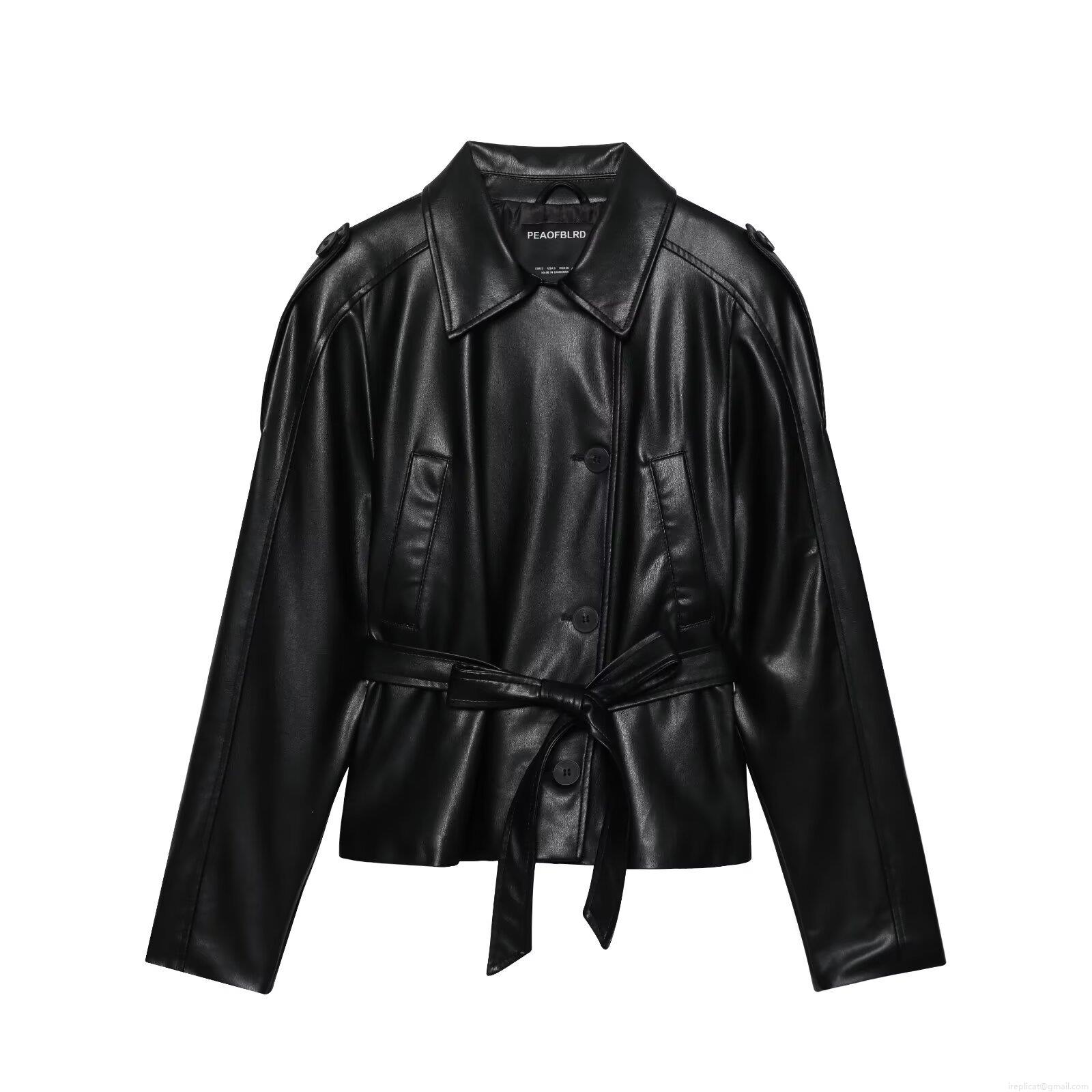 Women's Fashion Faux Leather Jacket PU Moto Biker Coat With Belt Lapel Button Streetwear Short Windbreaker For Spring Autumn Women Outwear