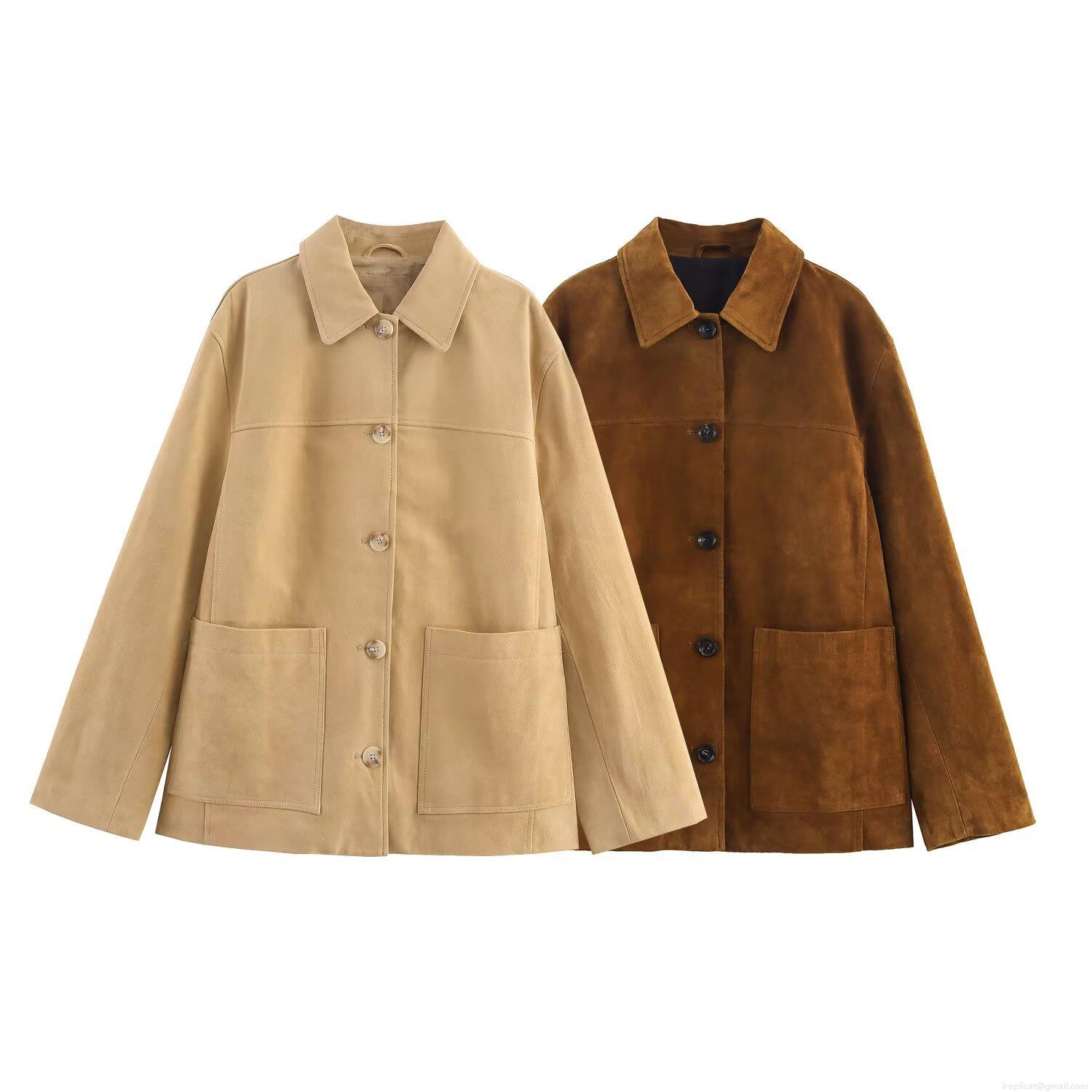 Women's Fashion Faux Suede Lapel Jacket Casual Single Breasted Long Sleeve Outerwear With Pockets Solid Color Retro Style Coat For Women