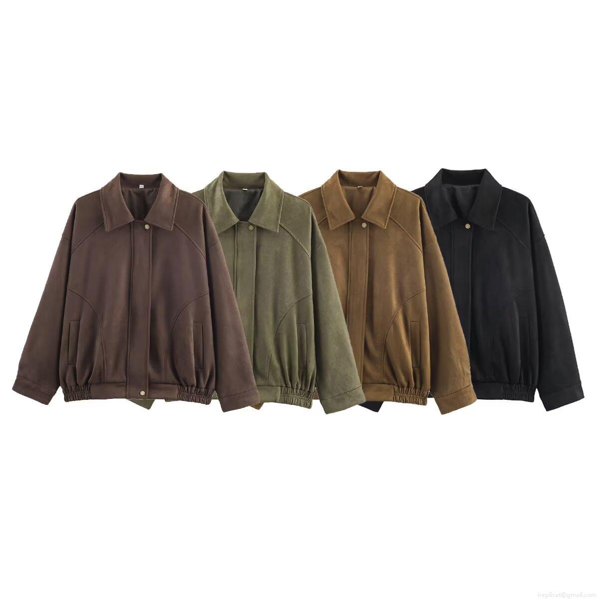 Women's Vintage Lapel Bomber Jacket Suede Texture Loose Casual Solid Color Long Sleeve Outwear Streetwear Fashion Coat with Pockets for Women