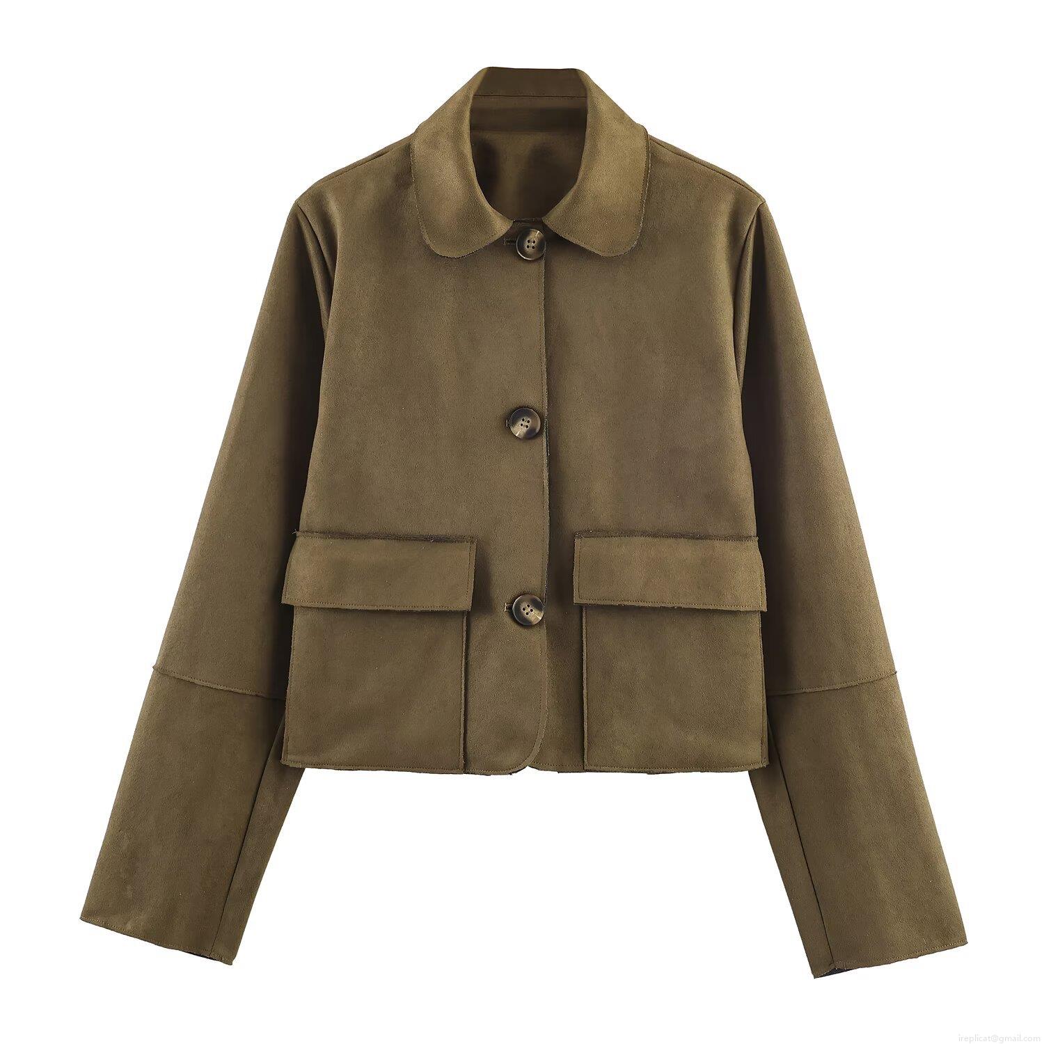 Women's Fashion Faux Suede Short Jacket Lapel Single Breasted Long Sleeve Coat With Pockets Casual Solid Color Outerwear For Women Spring Autumn