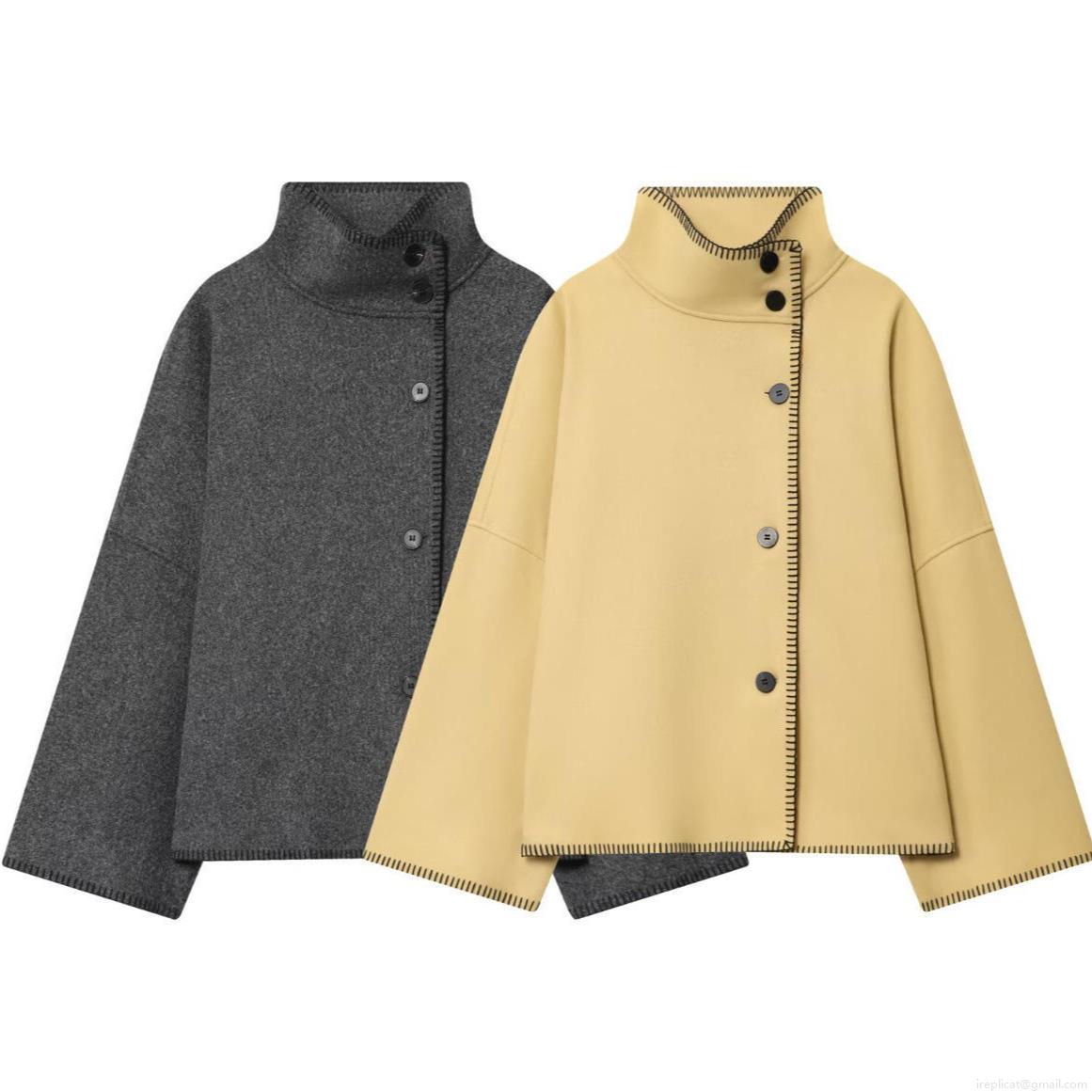 Women's Loose Wool-Like Short Jacket Stand Collar Whipstitch Trim Contrast Stitching Long Sleeve Oversized Casual Outwear Coat for Women