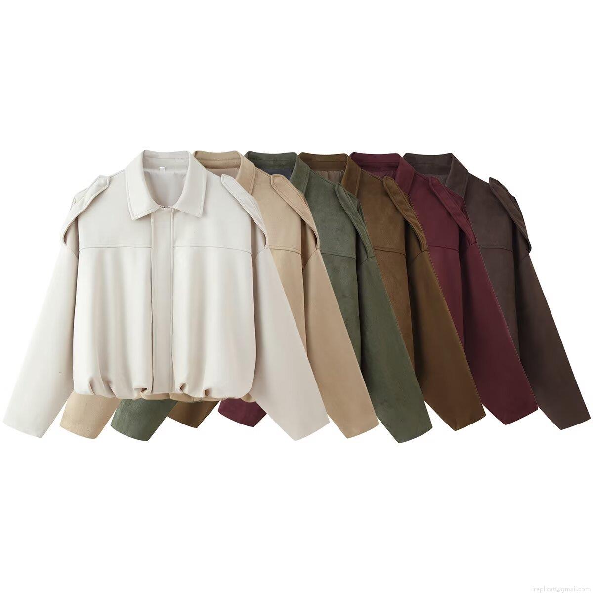 Women's Faux Suede Bomber Jacket Solid Color Lapel Zipper Short Coat With Shoulder Epaulettes Casual Loose Outerwear Streetwear For Women