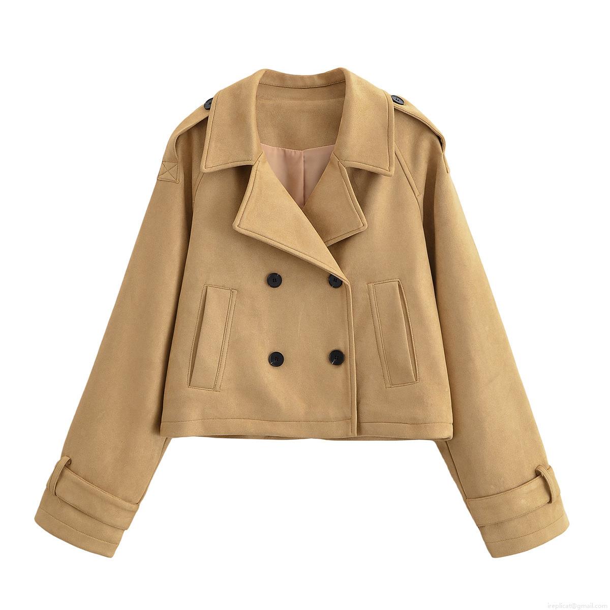 Women Fashion Short Faux Suede Double Breasted Jacket With Lapel Epaulettes Casual Solid Color Long Sleeve Cropped Trench Outerwear For Ladies