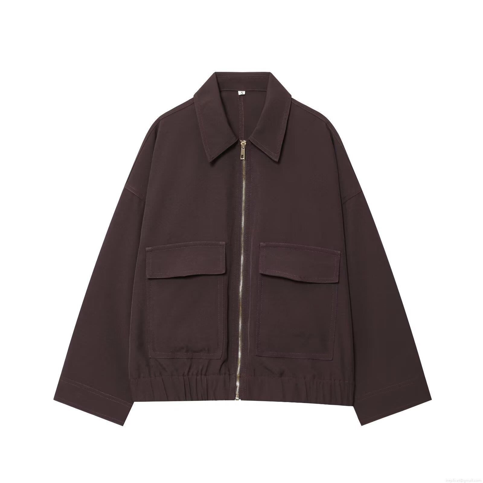 Women's Casual Polyester Jacket Lapel Collar Metal Zipper Dual Large Flap Pockets Loose Fit Streetwear Espresso Brown Long Sleeve Solid Color Outerwear With Elastic Hem