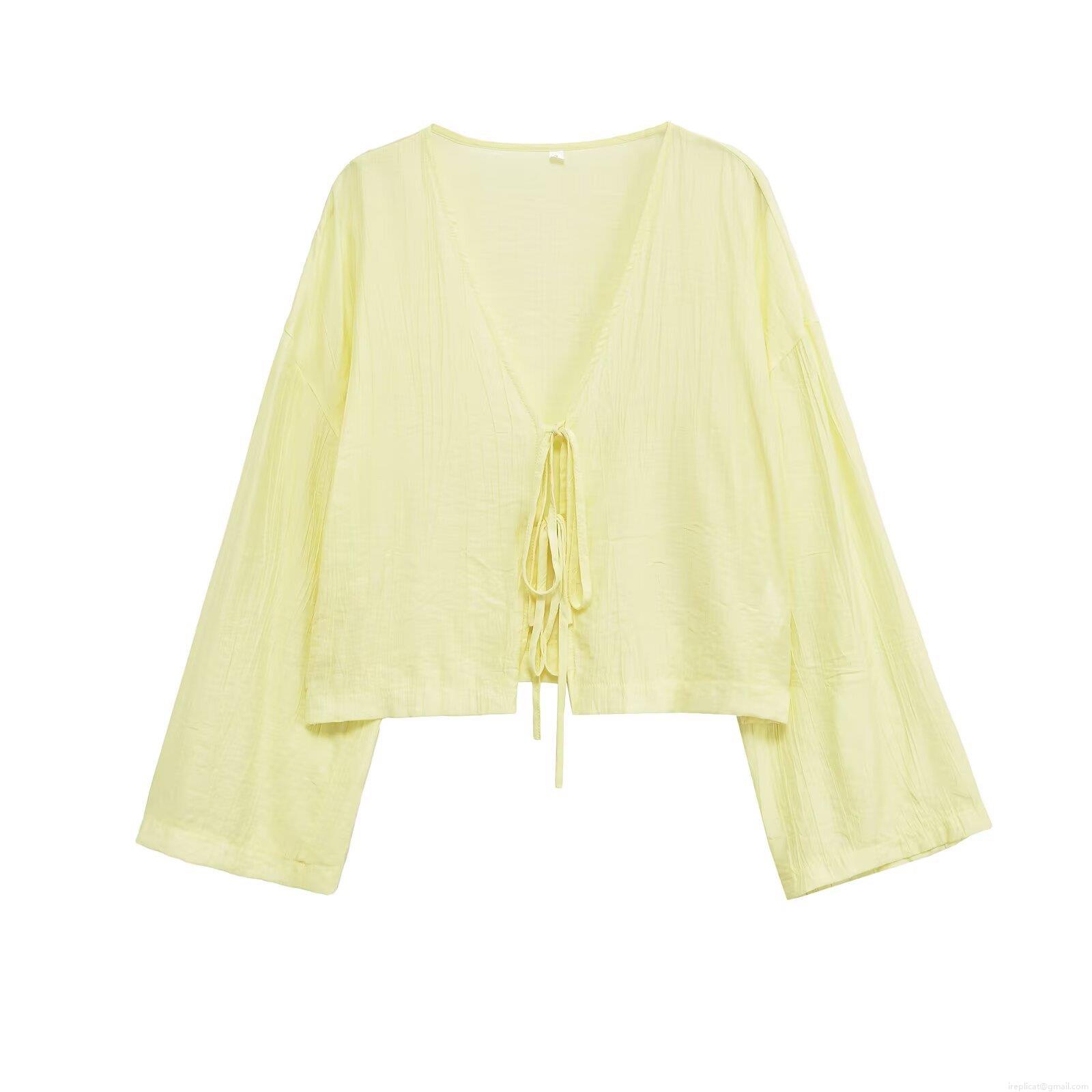 Women's Pleated Long Sleeve Jacket Cardigan Polyester V-Neck Front Tie Up Lightweight Solid Color Casual Fashion Blouse Top For Women Daily Dating