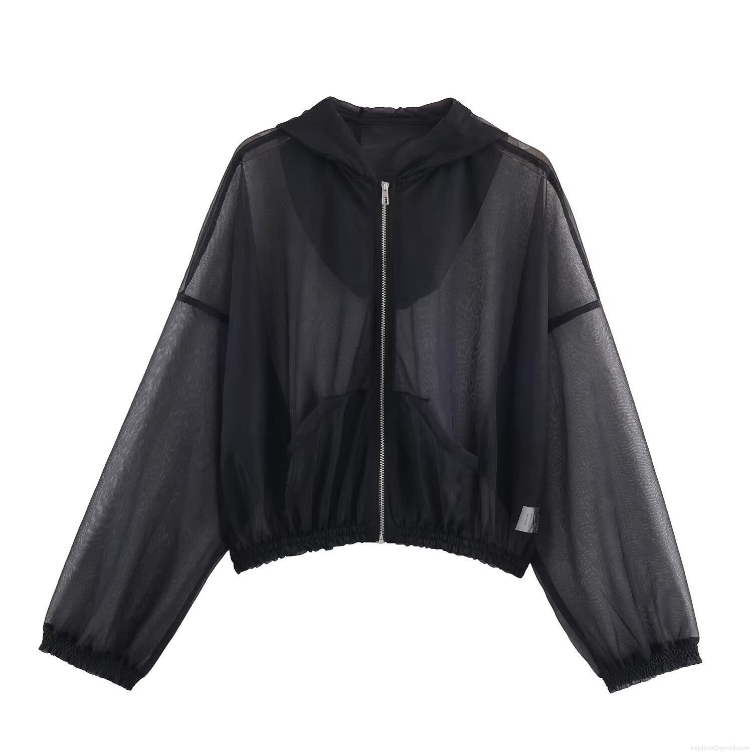 Women's Sheer Mesh Hooded Jacket Lightweight Long Sleeve Metallic Zipper Breathable See Through Casual Streetwear Outerwear For Summer Party Women