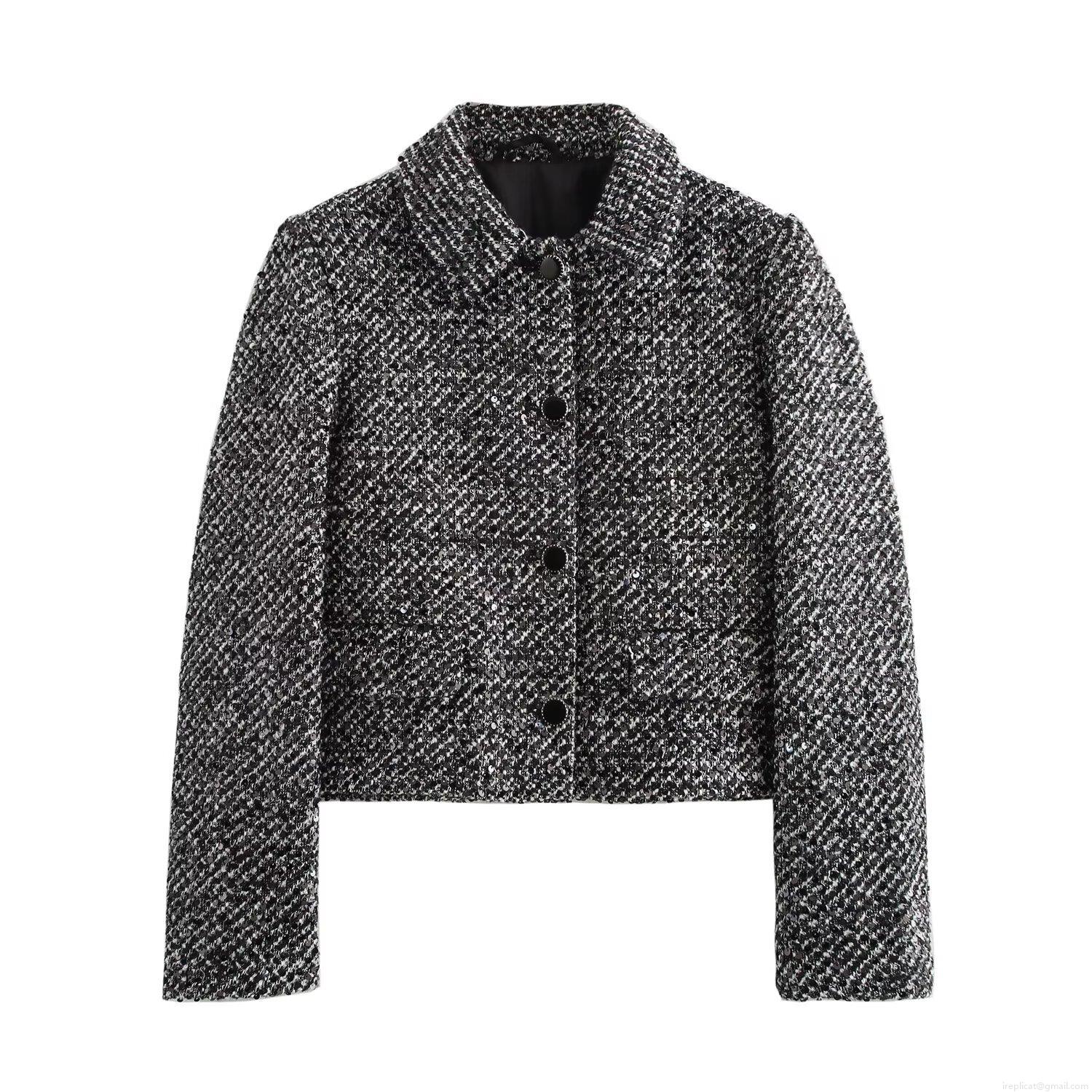 Women's Elegant Sequin Tweed Jacket Long Sleeve Short Coat With Decorative Buttons For Party Office Commute Fashion Outerwear