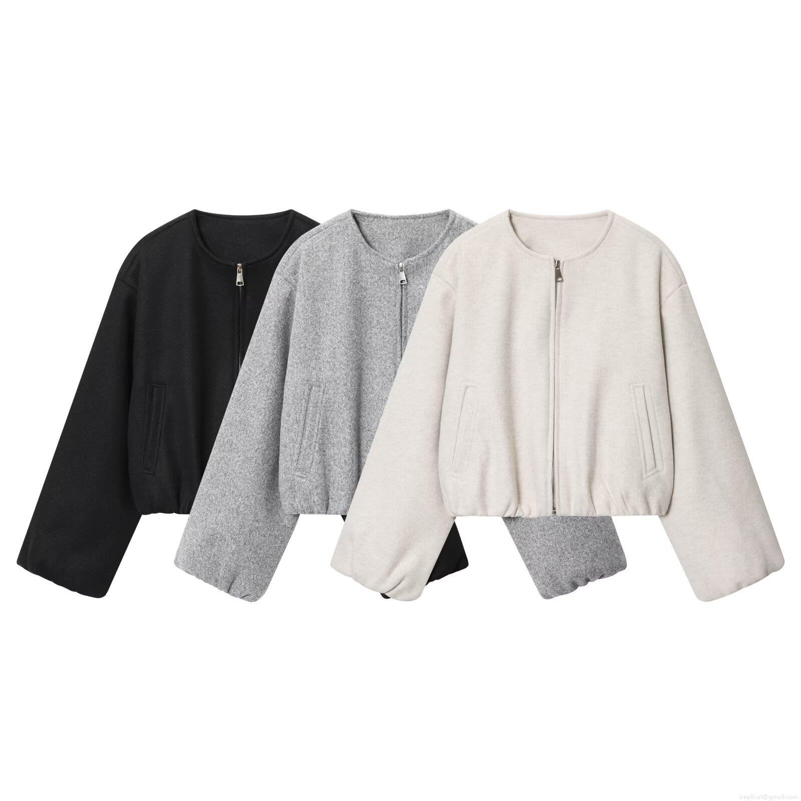 Women's Casual Short Bomber Jacket Soft Polyester Blend Round Neck Zipper Coat Fashion Solid Color Long Sleeve Outerwear For Fall Winter Loose Fit Streetwear