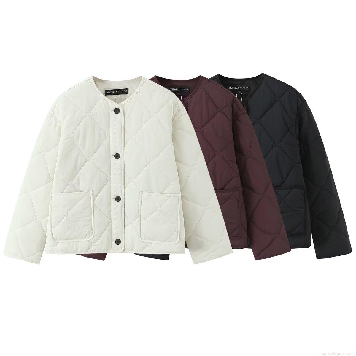 Women's Fashion Quilted Jacket Polyester Lightweight Warm Cotton Padded Coat Round Neck Single Breasted Outwear With Pockets Casual Solid Lady Winter Jacket