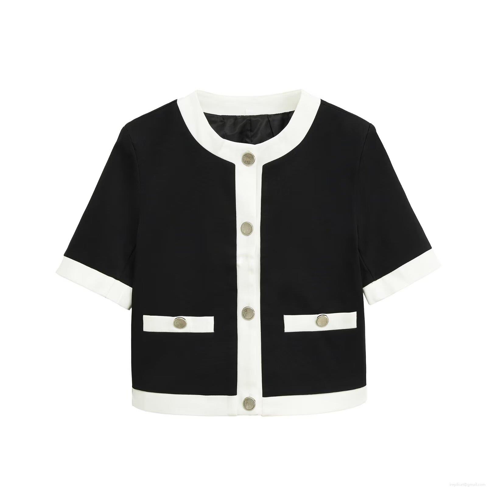 Elegant Women Short Sleeve Contrast Trim Jacket 100% Polyester Cropped Outerwear With Silver Metal Buttons Lady Style Commuting Round Neck Coat