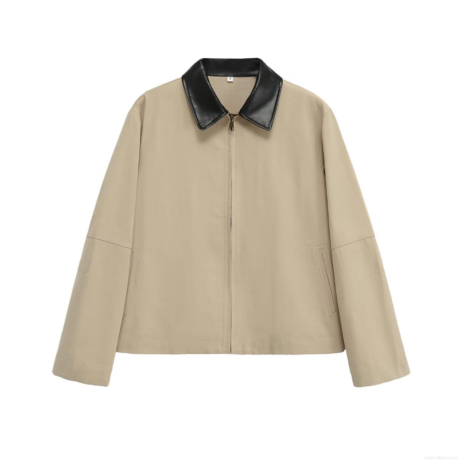 Women's Patchwork Jacket With PU Leather Lapel Collar Polyester Long Sleeve Loose Casual Zipper Outwear Streetwear Spring Autumn Clothes