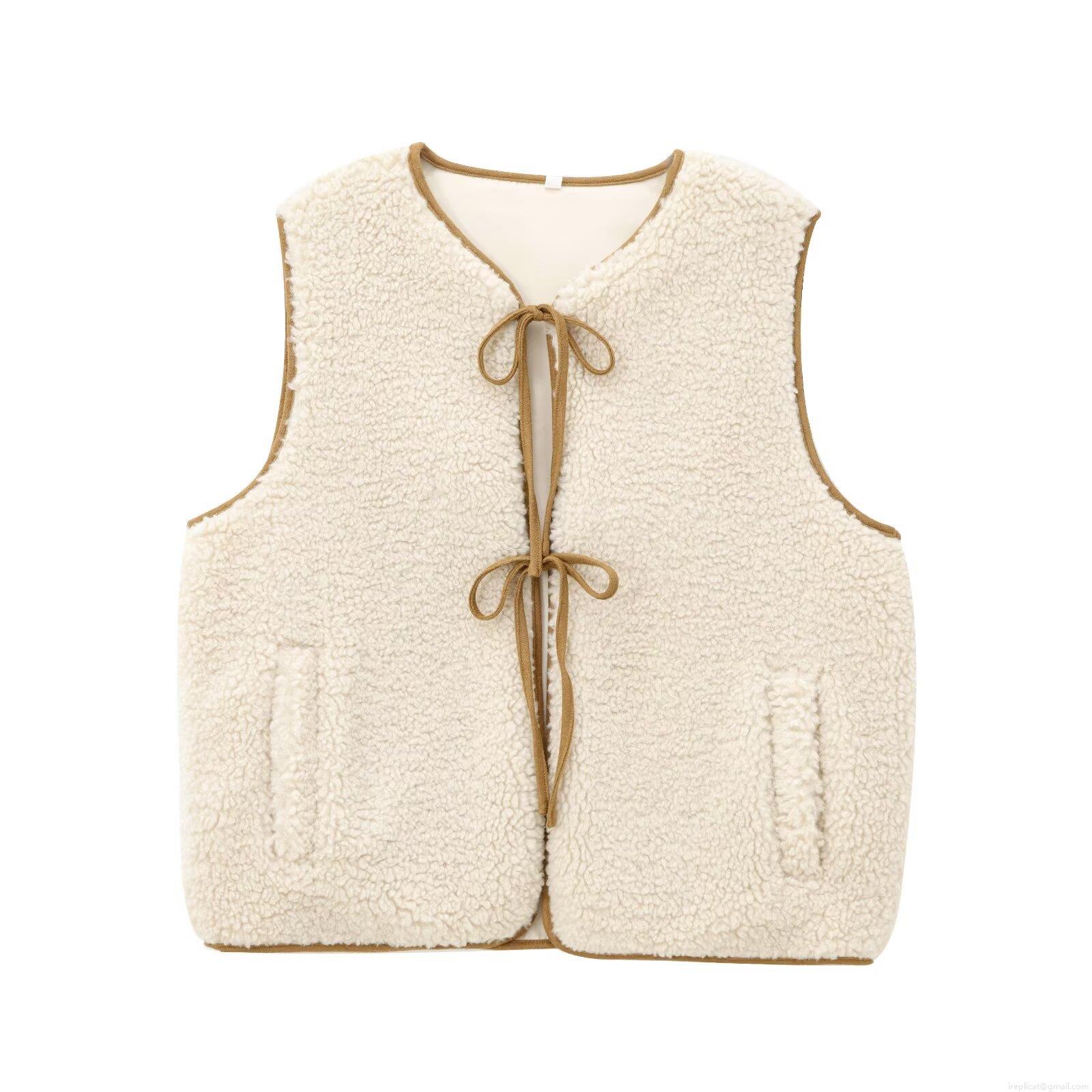 Women Retro Lamb Wool Vest Suede Fleece Contrast Binding Bow Tie Cardigan Daily Casual Sleeveless Jacket Sweet Vintage Women Outwear